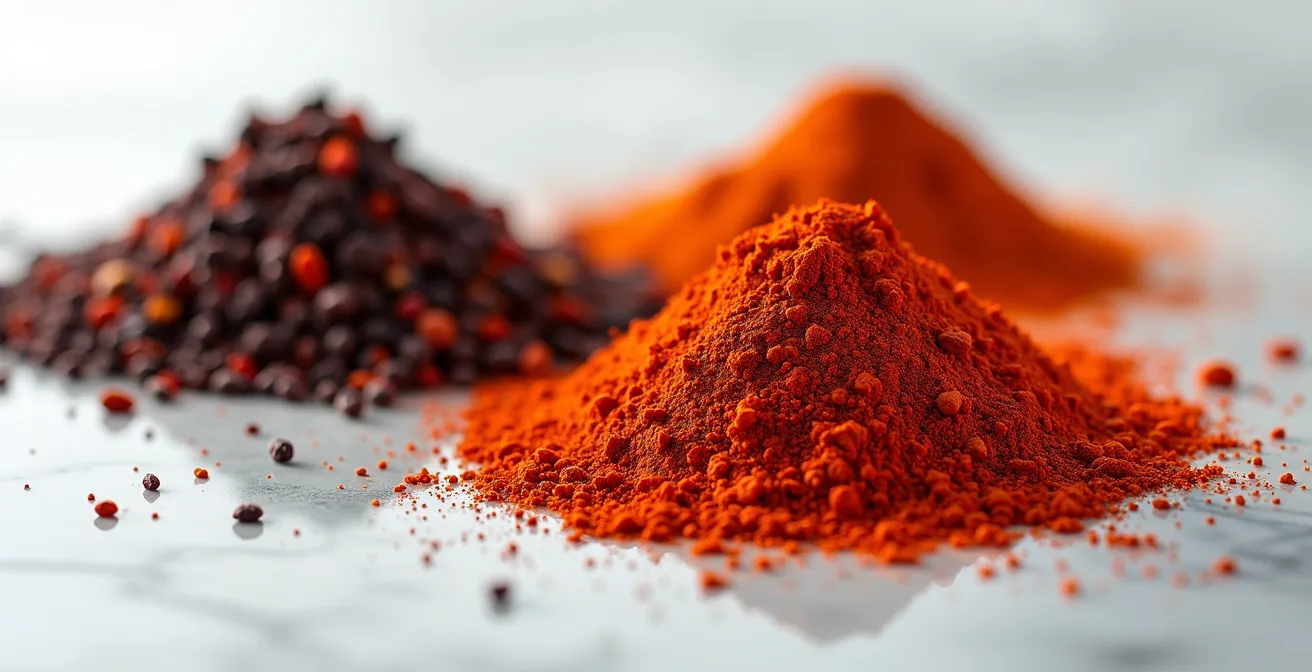 Gros plan macro sur différents piments turcs moulus aux textures variées