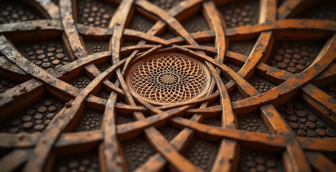 Détail macro d'un plafond en bois sculpté ottoman avec motifs géométriques complexes