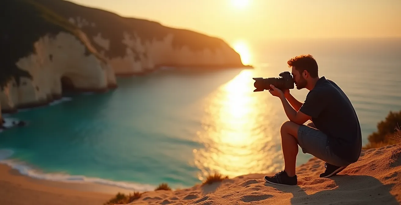 Photographe solitaire capturant les teintes turquoise de la mer au lever du soleil sur une plage méditerranéenne