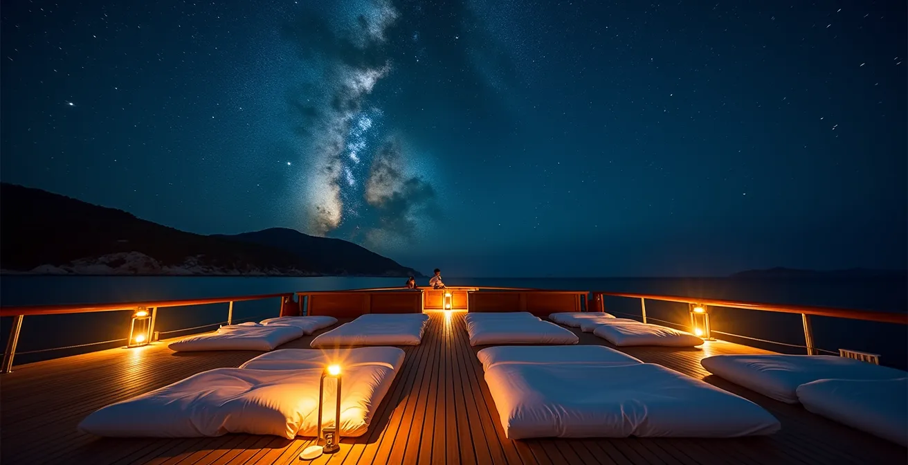 Matelas disposés sur le pont d'une goélette sous un ciel étoilé méditerranéen