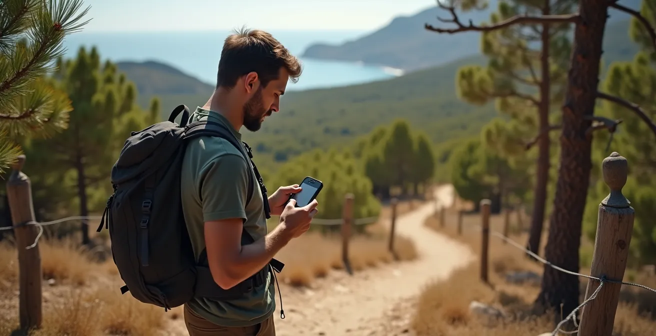 Randonneur consultant son GPS sur un sentier de montagne avec vue sur la mer