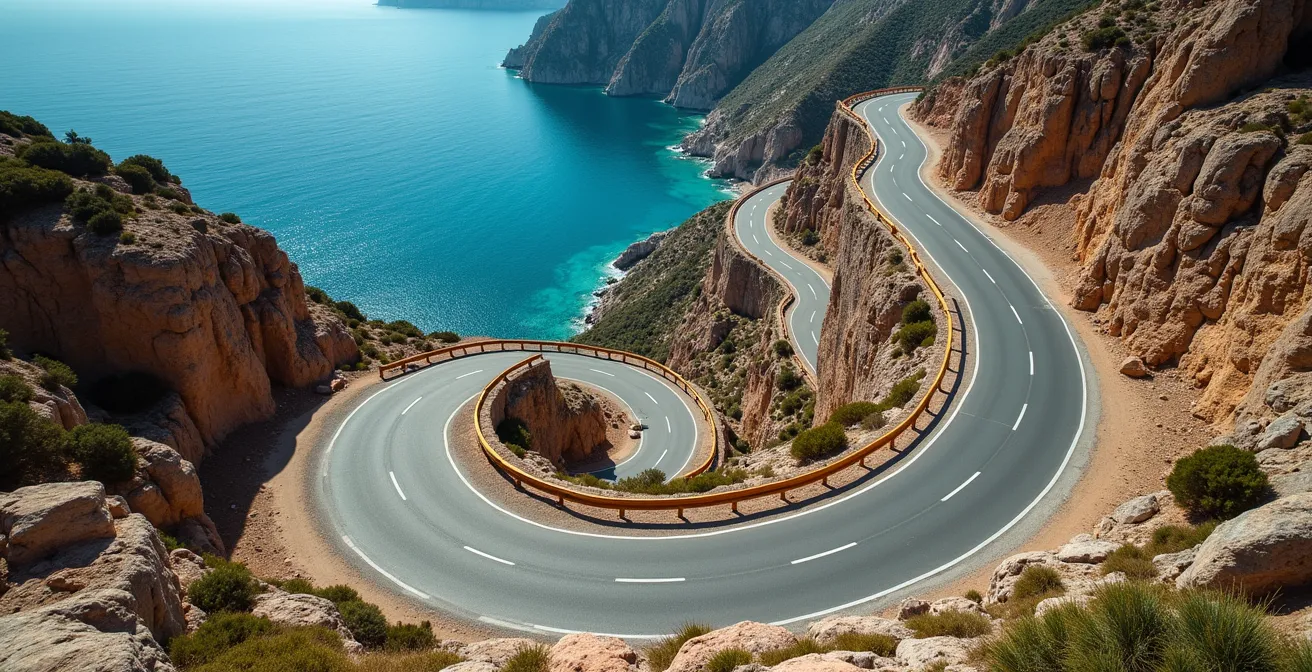 Vue plongeante sur les virages en épingle de la route D400 serpentant entre falaises et mer