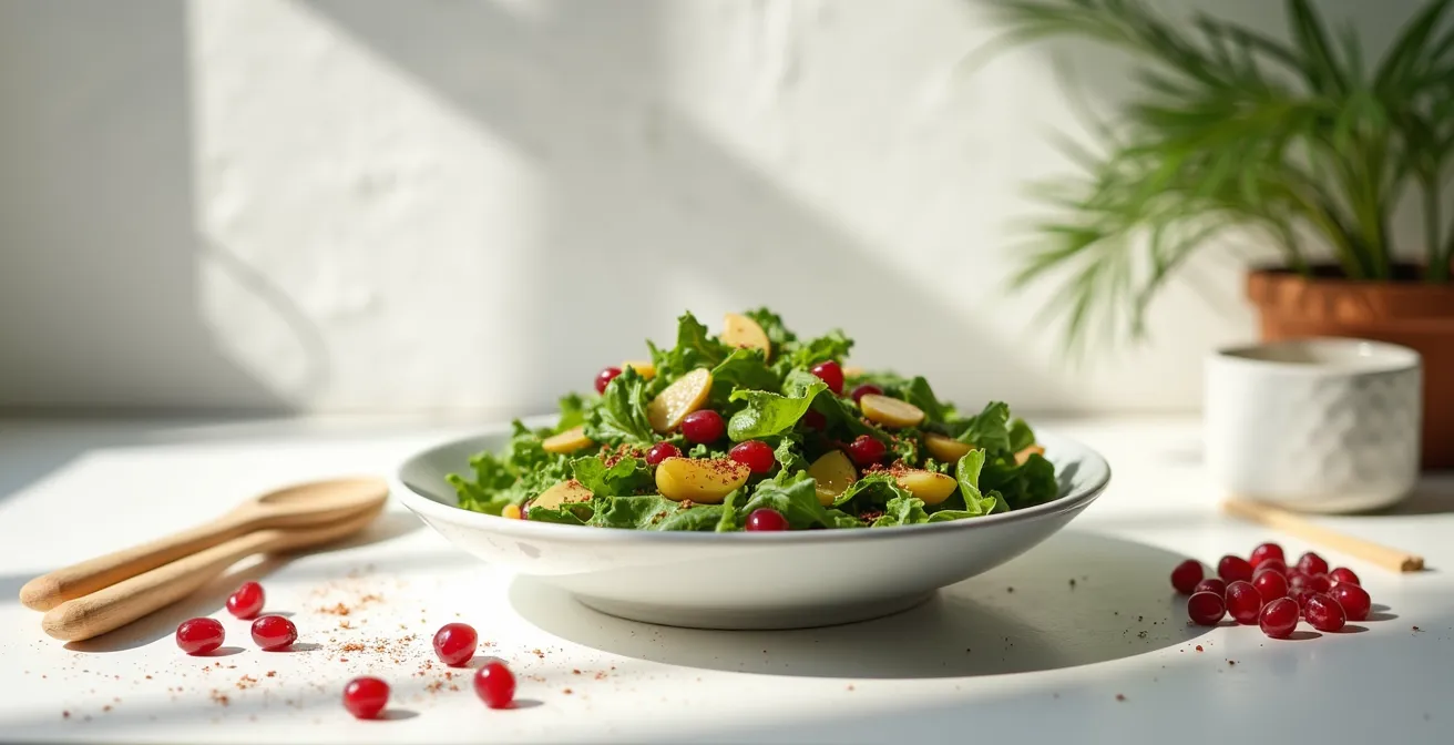 Salade méditerranéenne saupoudrée de sumac rouge avec huile d'olive dorée et grenade