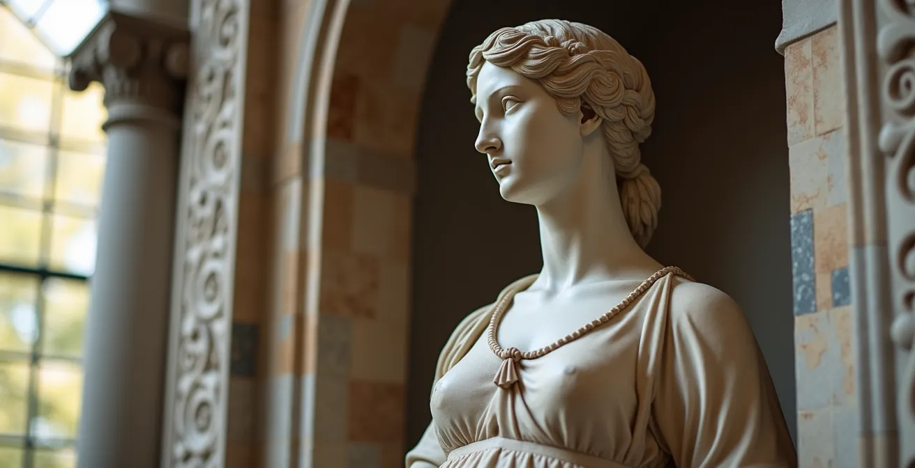 Détail des niches avec les statues représentant les vertus sur la façade de la bibliothèque