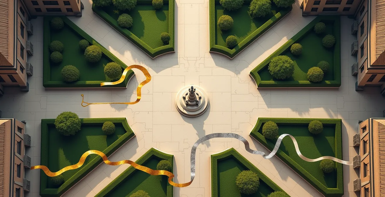 Vue aérienne schématique du palais montrant un parcours de visite alternatif avec les flux de visiteurs