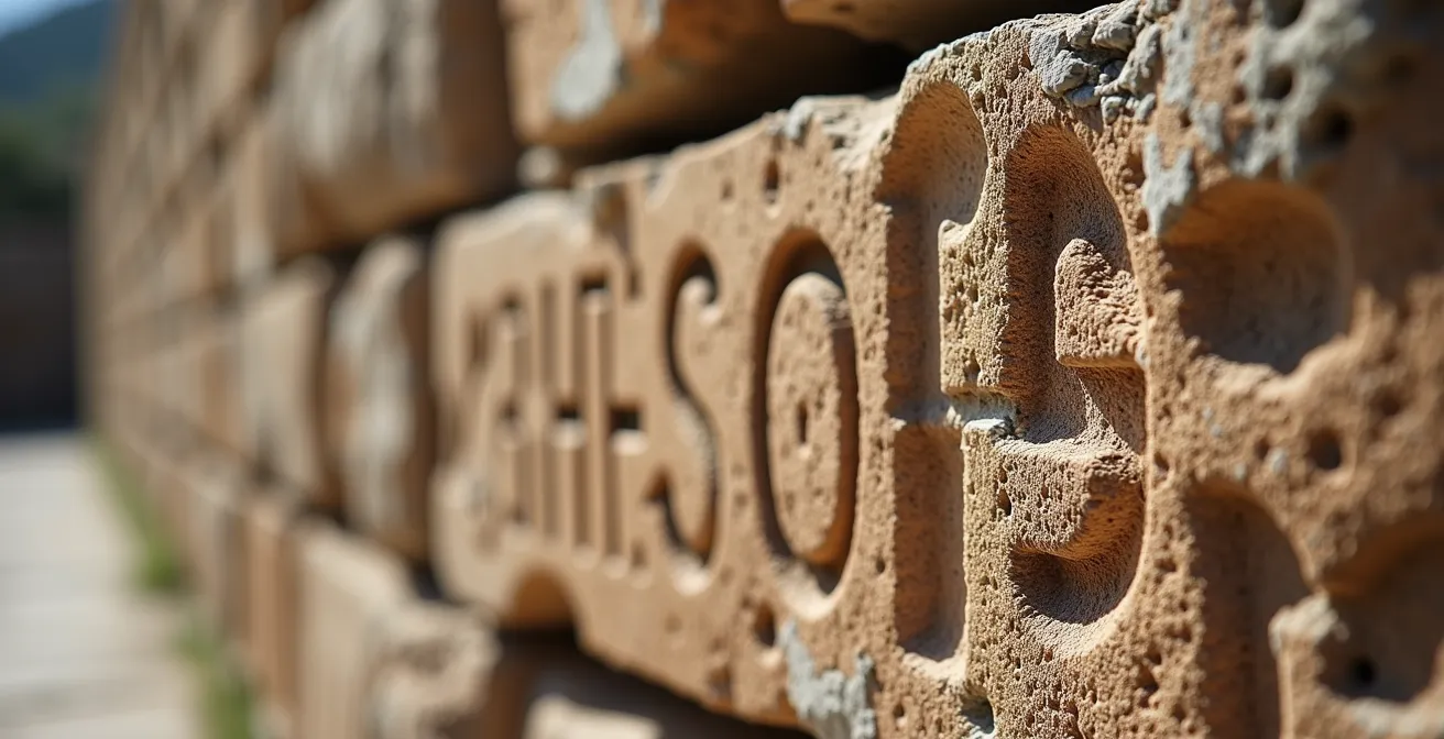 Détail macro d'un ancien mur de pierre avec des gravures érodées suggérant des symboles paléochrétiens