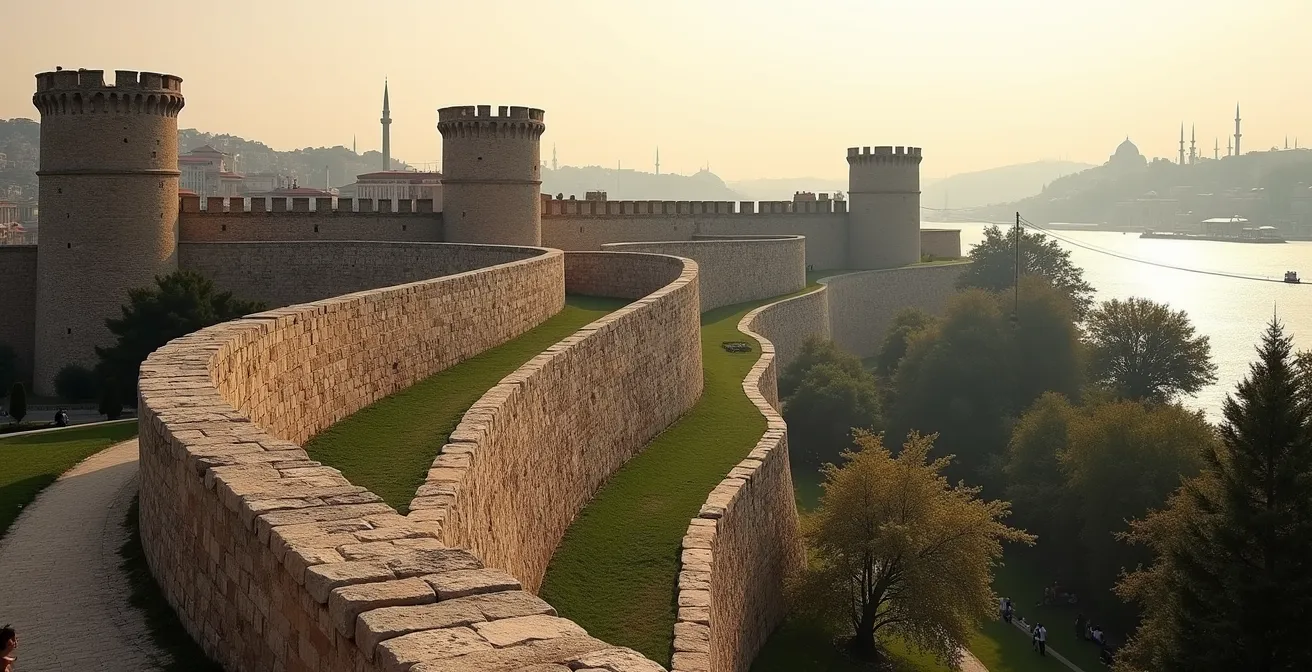 Vue en coupe du système de triple défense des murailles de Constantinople montrant fossé, avant-mur et muraille principale