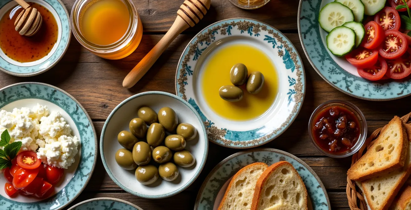 Table abondante de petit-déjeuner turc avec multiples petits plats sous lumière naturelle douce