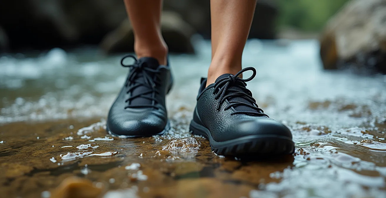 Gros plan macro sur des pieds chaussés traversant des galets sous l'eau cristalline