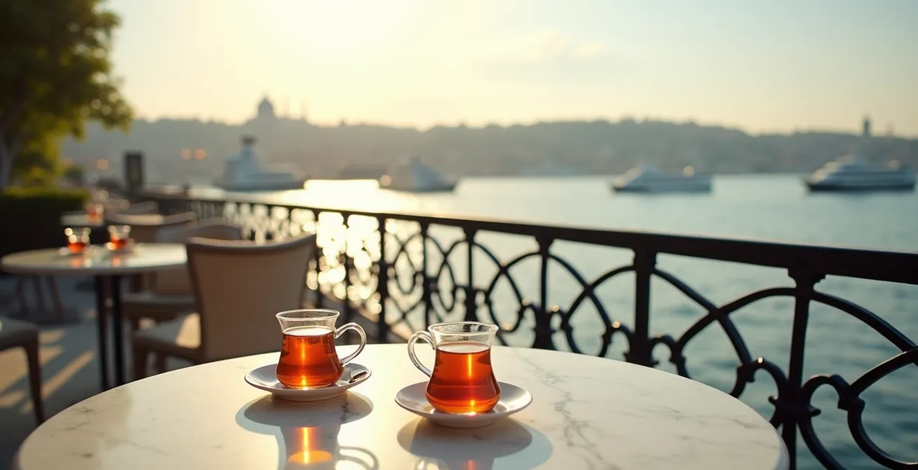 Terrasse de la cafétéria du palais Dolmabahçe avec vue panoramique sur le Bosphore