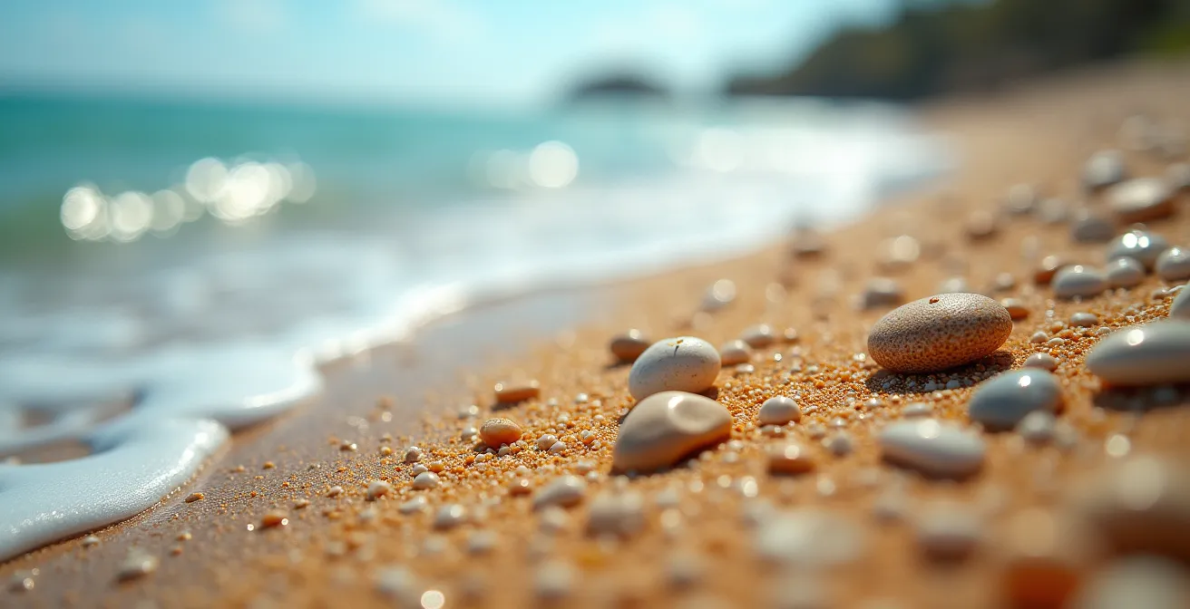 Gros plan macro sur la transition entre galets polis et sable doré fin sur une plage méditerranéenne