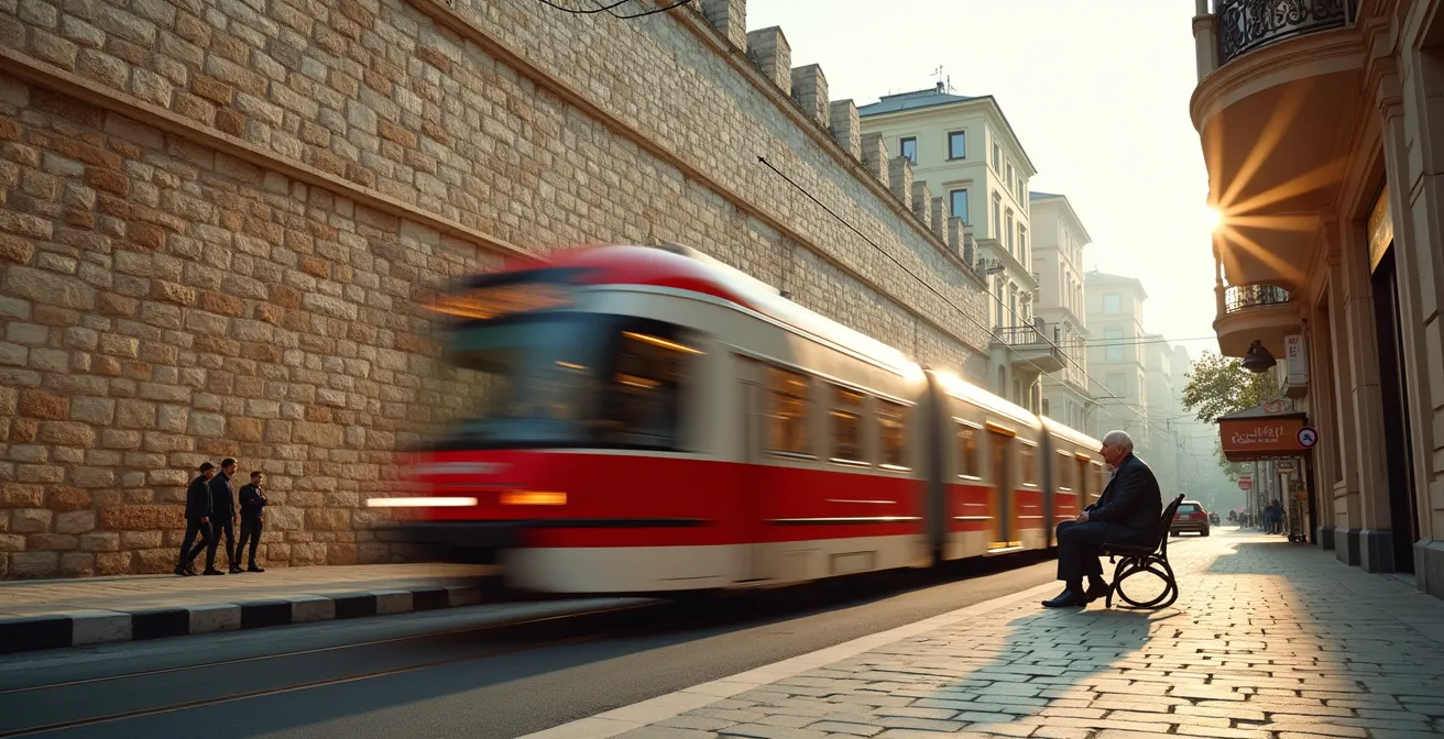 Tramway moderne filant devant les murailles millénaires de Constantinople dans une composition symbolisant le choc des époques