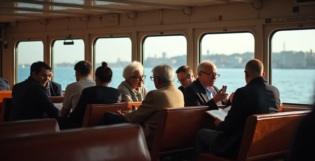 Ferry d'Izmir traversant la baie avec passagers contemplant la vue