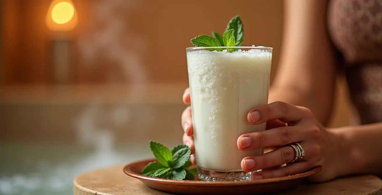 Verre d'ayran mousseux avec feuilles de menthe fraîche sur plateau de cuivre