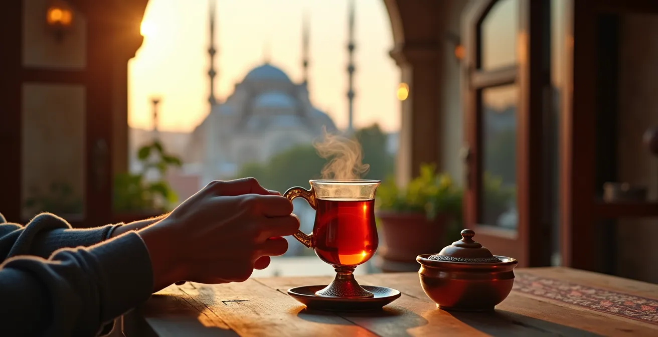 Touriste savourant un thé turc traditionnel dans un café avec vue sur les minarets de la Mosquée Bleue