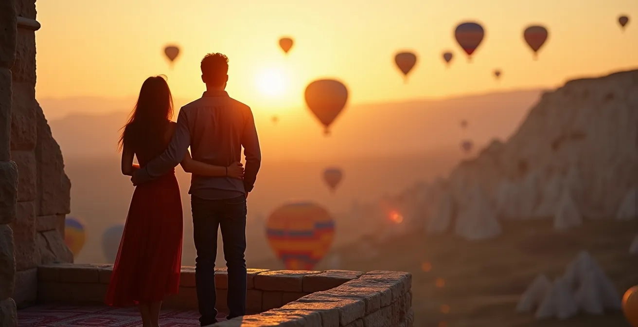 Vue panoramique sur les montgolfières depuis une terrasse d'Uçhisar au lever du soleil