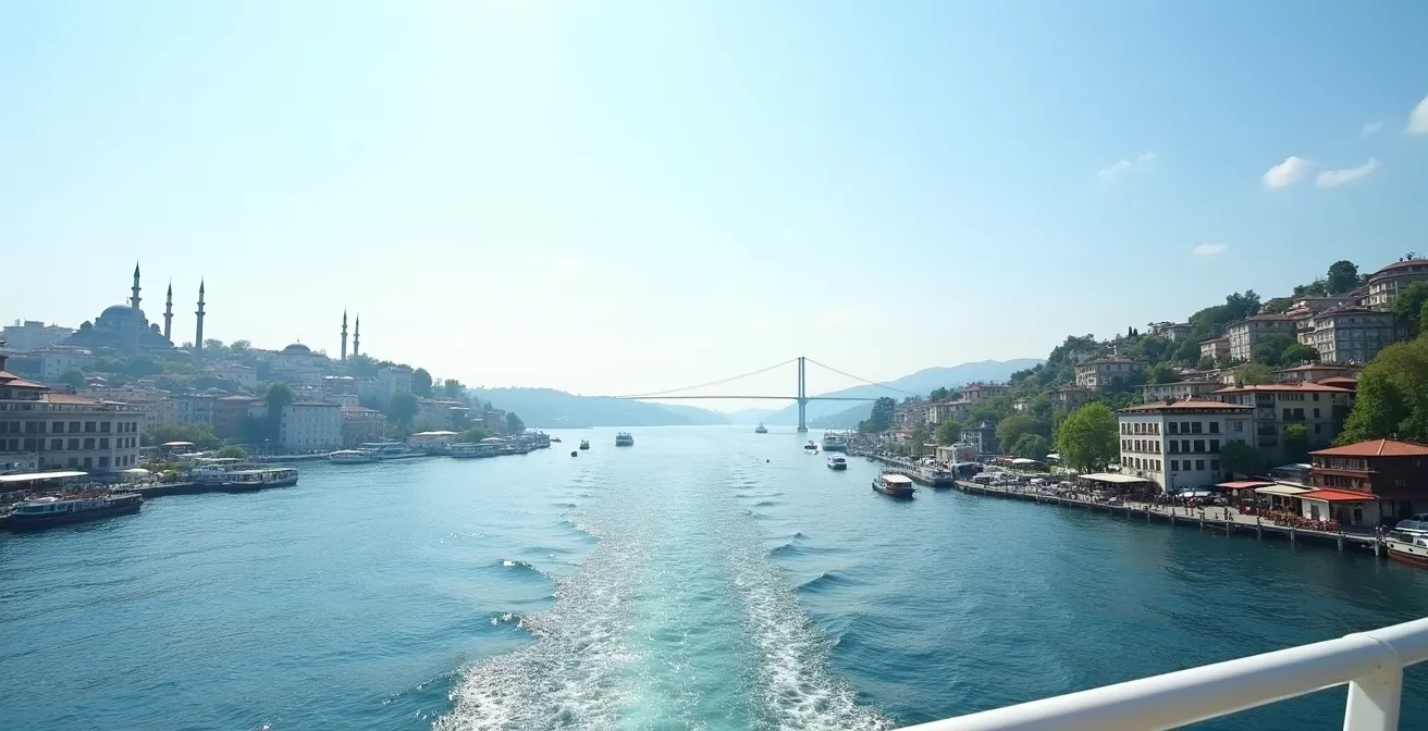 Vue panoramique depuis le pont d'un ferry montrant les deux rives du Bosphore