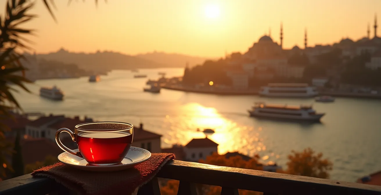 Vue panoramique de la Corne d'Or depuis une terrasse historique au coucher du soleil