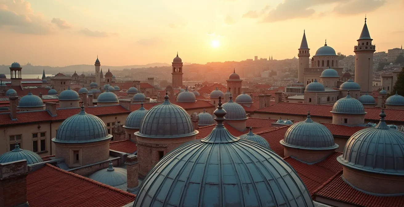 Vue panoramique des dômes historiques du Grand Bazar depuis une terrasse légale