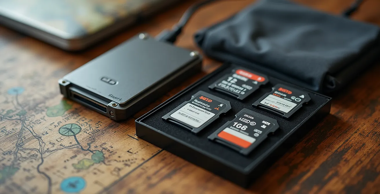 Configuration de sauvegarde avec SSD, cartes mémoire et symbole cloud arrangés sur table en bois